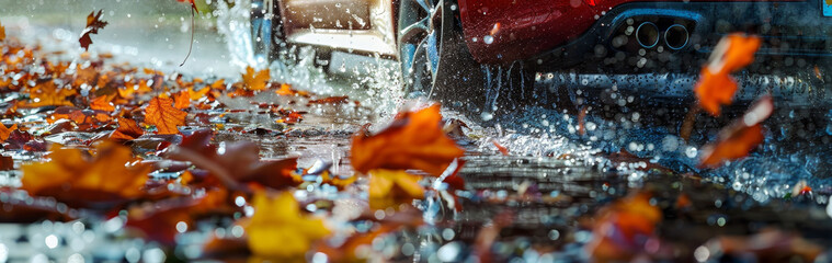 A car drives through a puddle, scattering autumn leaves and creating a spray of water, symbolizing transition, change, nature, motion, and weather.