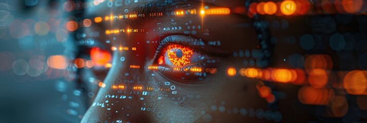 Close-up of a human eye with futuristic digital overlay, representing technology, artificial intelligence, and data visualization concepts.