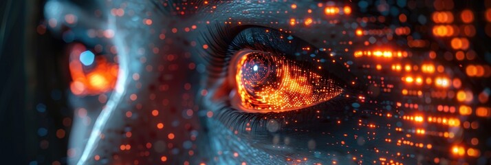 Close-up of a futuristic human eye with glowing digital interfaces reflecting technology interaction. Ideal for tech and sci-fi concepts.