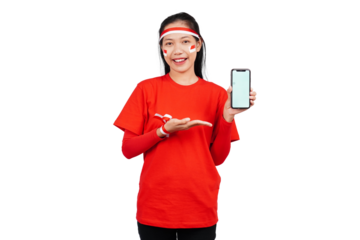 An Indonesian woman celebrating Indonesia's independence day on 17 August while holding smartphone with blank screen isolated transparent