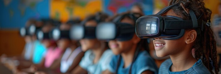 Diverse group of children in classroom using virtual reality headsets, engaged in an immersive learning experience.