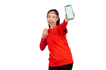 An Indonesian woman celebrating Indonesia's independence day on 17 August while holding smartphone with blank screen isolated transparent
