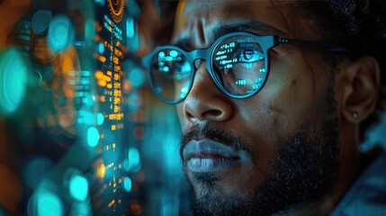 Focused tech professional analyzing holographic data with glasses, showcasing futuristic technology and innovation.