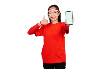 An Indonesian woman celebrating Indonesia's independence day on 17 August while holding smartphone with blank screen isolated transparent