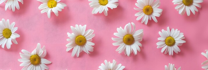 Obraz premium Top view white daisy flowers on pink background, Flat lay minimal