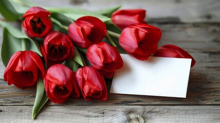 A close-up of a vibrant bouquet of red tulips with a blank card, symbolizing love, affection, romance, celebration, and a special occasion.