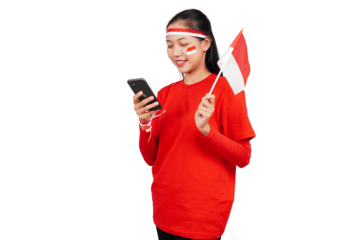 An Indonesian woman celebrating Indonesia's independence day on 17 August while holding smartphone with blank screen isolated transparent