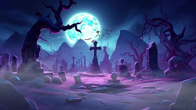 spooky graveyard in halloween night with pumpkin and bats