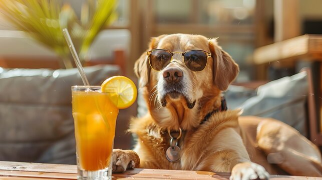 Drunk dog holding a cocktail glass with a relaxed expression, perfect for fun party themes and lighthearted design projects