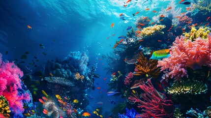 A lively reef with a diverse array of vibrant corals and tiny fish alone.