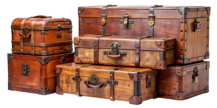 Three stacked vintage suitcases isolated