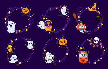 Halloween holiday frames with kawaii ghosts and pumpkin, vector borders. Halloween and trick or treat party circle frames with cartoon spooky skull, cute boo ghost and witch cauldron for greeting card