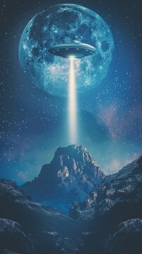 Mysterious Retro-Style Illustration of UFO Hovering Over Mountains Under Full Moon. Enigmatic Night Scene with Alien Spacecraft Emitting Light Beams. Vintage Sci-Fi Concept for Posters, Book Covers, a