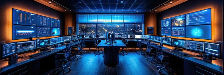 Modern control room with multiple computer monitors and screens displaying data, graphs, and analytics in a high-tech environment.