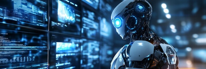 AI on a futuristic humanoid represents the idea of digital artificial intelligence