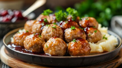 Fototapeta premium Swedish Meatballs, Köttbullar: A plate of traditional Swedish meatballs served with creamy gravy, cranberry sauce, and mashed potatoes.