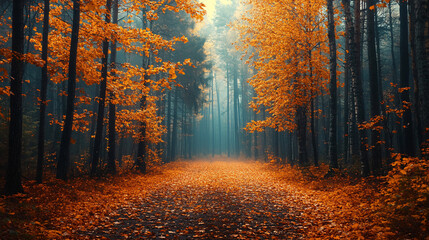 A serene autumn scene in the forest with colorful leaves and golden foliage, perfect for nature-themed designs and seasonal content.