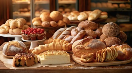 bakery counter showcasing an assortment of freshly baked bread, pastries and cakes