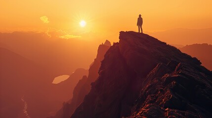 A person standing on top of a mountain at sunset.