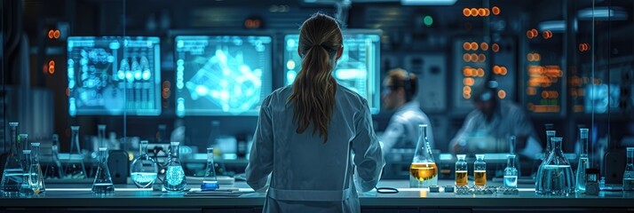 Scientist in a high-tech laboratory analyzing data on multiple screens, surrounded by test tubes and laboratory equipment.