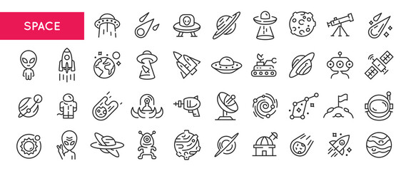 Space and astronomy icons. Large set of space and astronomy trendy minimal icons. Alien, Rocket, Planet, Telescope icon. Design signs for web page, mobile app, packaging design. Vector illustration