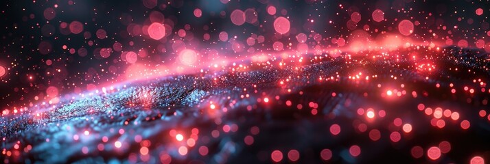 Obraz premium Vibrant abstract cosmic background with glowing red and blue particles, evoking a sense of outer space and futuristic technology.