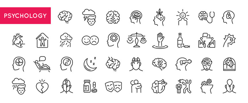 Psychology and mental health icons. Large set of psychology and mental health trendy minimal icons. Brain, Emotions icon. Design signs for web page, mobile app, packaging design. Vector illustration