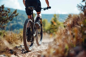 Naklejka premium Mountain biker cyclist riding a bicycle downhill on a mountain bike trail.