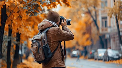 Young man photographer takes photographs with dslr camera in a city,