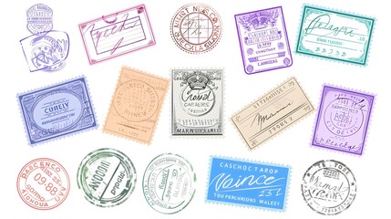 Set of postal stamps and postmarks, isolated on white background, vector illustration