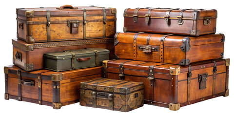 Three stacked vintage suitcases isolated