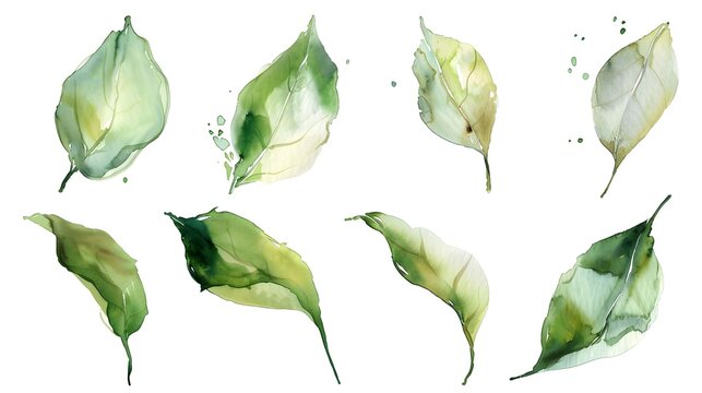 Set of green leaves watercolor painted stain elements minimal design, isolated on white background