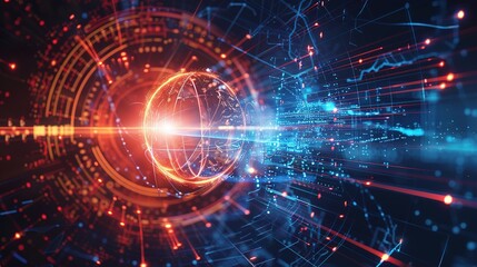 A glowing globe with abstract lines and digital data streams