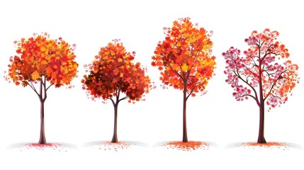 Fototapeta premium Set of Autumn tree with red and orange foliage isolated on white background