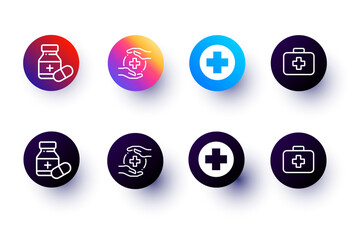 Medical drugs icons. Healthcare, Prescription and Pill signs. Pharmacy drugs, recipe pill icons. Antibiotic capsule, syringe vaccination. Classic set. Circle web buttons.
