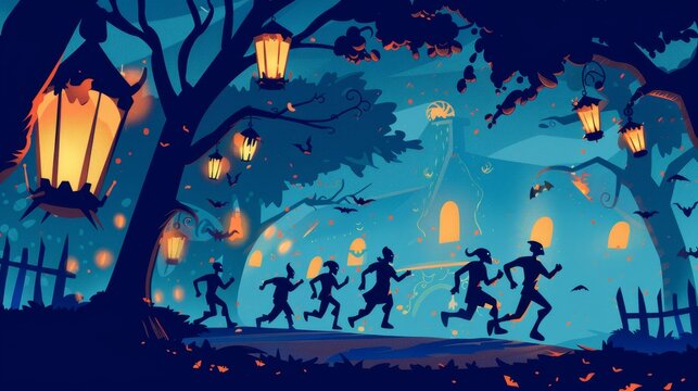 A group of friends runs through a mysterious forest illuminated by lanterns, symbolizing adventure, camaraderie, celebration, and the thrill of Halloween.