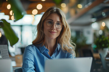 Fototapeta premium beautiful business lady in a blue shirt, sitting at the desk and looking to the laptop during meeting in the modern office
