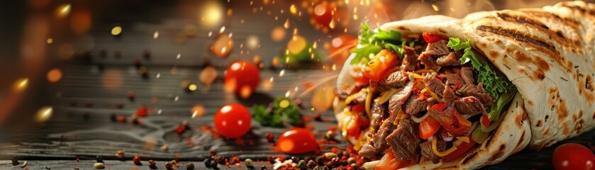 Delicious Grilled Beef Shawarma Wrap with Fresh Vegetables and Spices on Rustic Wooden Table