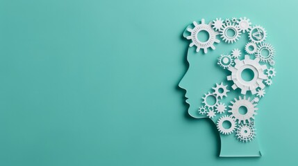 A human head silhouette with gears representing the complexity of the human mind, ideas, innovation, and problem-solving.
