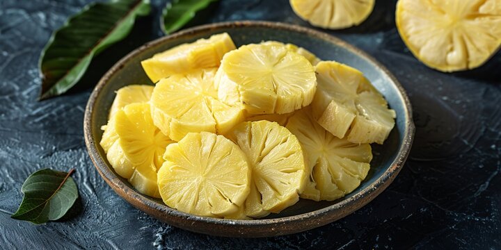 Pieces of cooked breadfruit arranged on a dish against a deep backdrop.