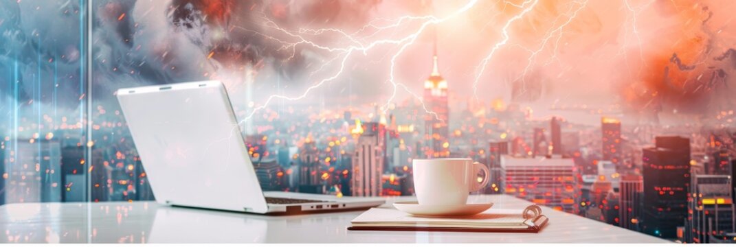 A laptop and a cup of coffee are placed on a desk in front of a city skyline, with a stormy sky and lightning strikes in the background. This image symbolizes resilience, facing challenges, taking a