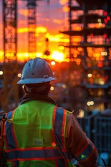 Obraz premium Construction Worker Observing Sunset at Building Site with Safety Gear and Reflective Vest