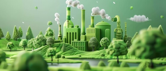 Green Industry, Fresh eco green plant leaves with blur Industrial metro background for modern factory ecology backdrop.