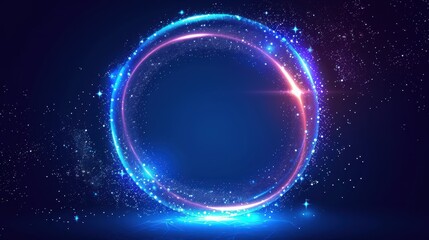 Obraz premium Glowing Neon Circle with Sparkling Particles on Dark Background - Futuristic and Magical Light Effect