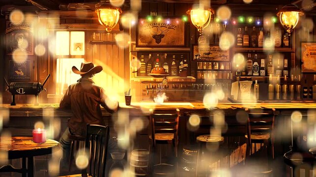 Cowboy sitting at the bar in a rustic saloon. Seamless looping time-lapse 4k video animation background