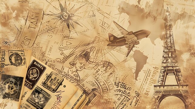 Passport visas stamps on sepia textured, vintage travel collage panoramic background and web banner 