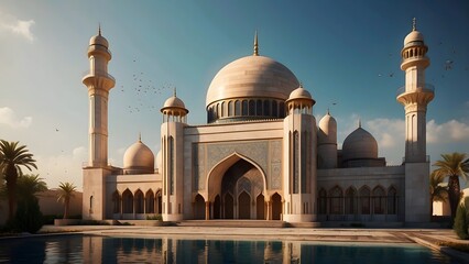 Small mosque exterior design, full white color theme, real estate masjid cinematic exterior front elevation architecture design, bright sunny day 