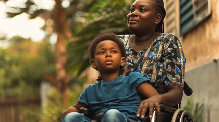 A mother and her son in a wheelchair, both gazing into the distance, symbolizing hope, resilience, family love, support, and acceptance.