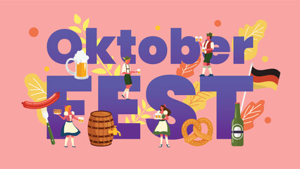 Naklejka premium Oktoberfest concept with tiny characters in german costumes