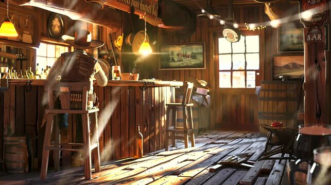 Cowboy in rustic saloon. Seamless looping time-lapse 4k video animation background